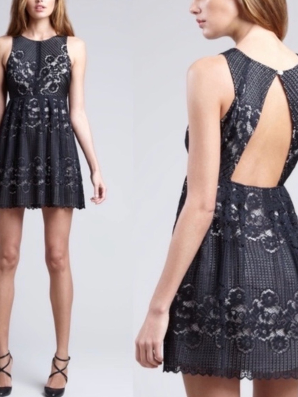 Free People Black Lace Mini Dress with Open Back - Size 8
